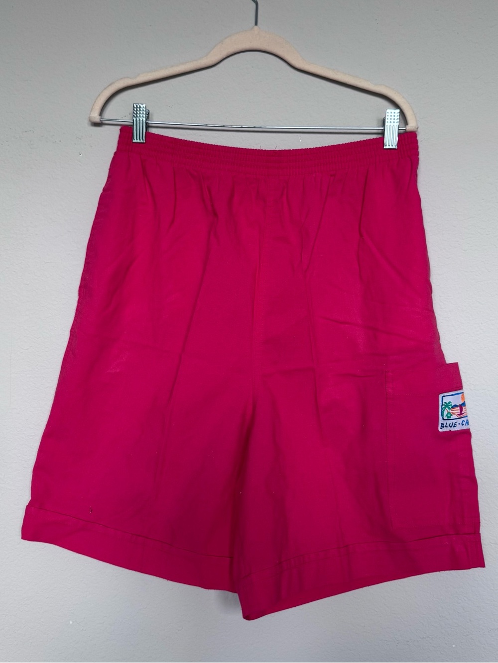 Vintage Blue Cabana Bright Pink Bermuda  Shorts with Side Patch Pocket